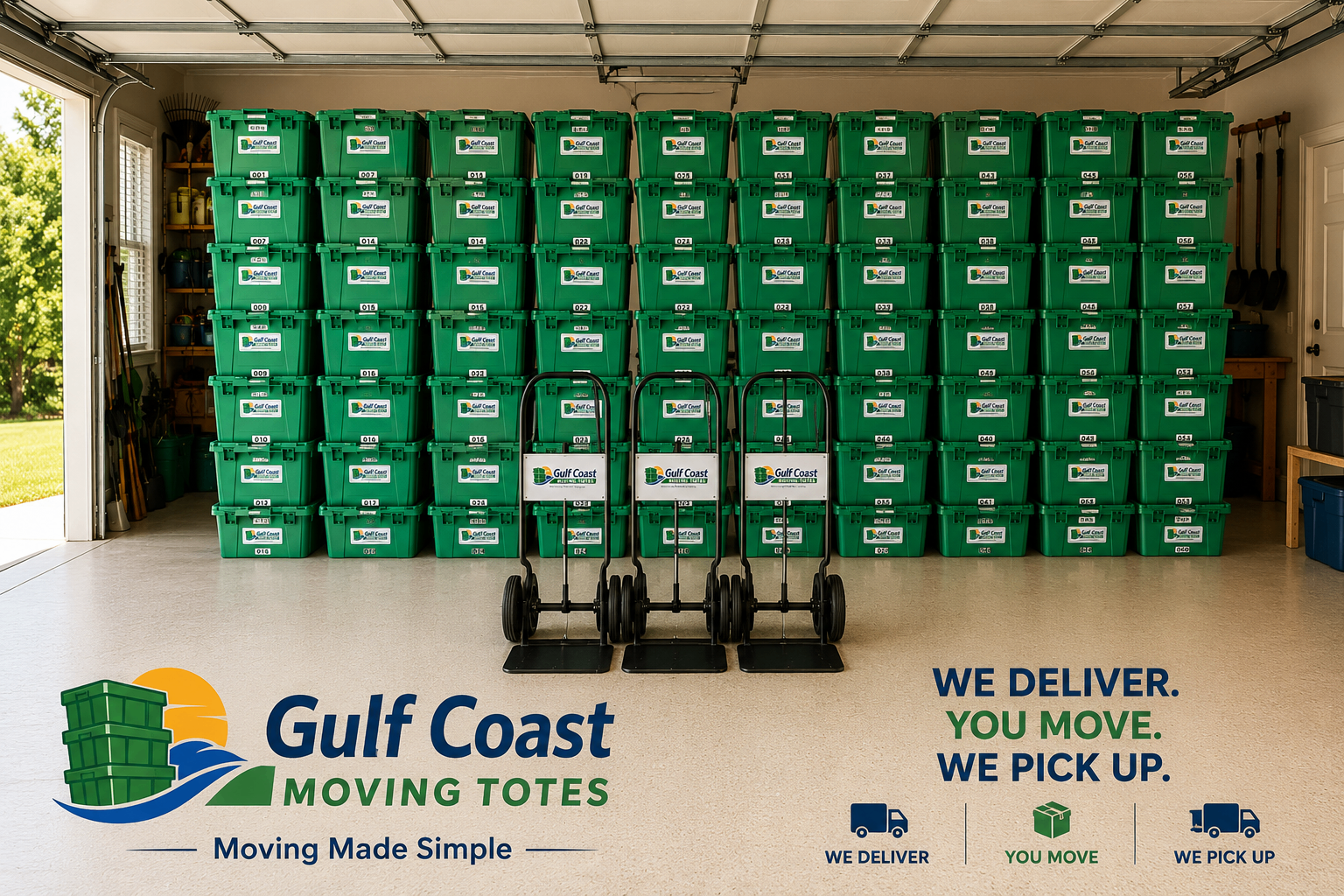 Branded Gulf Coast Moving Totes inventory stacked and ready for delivery