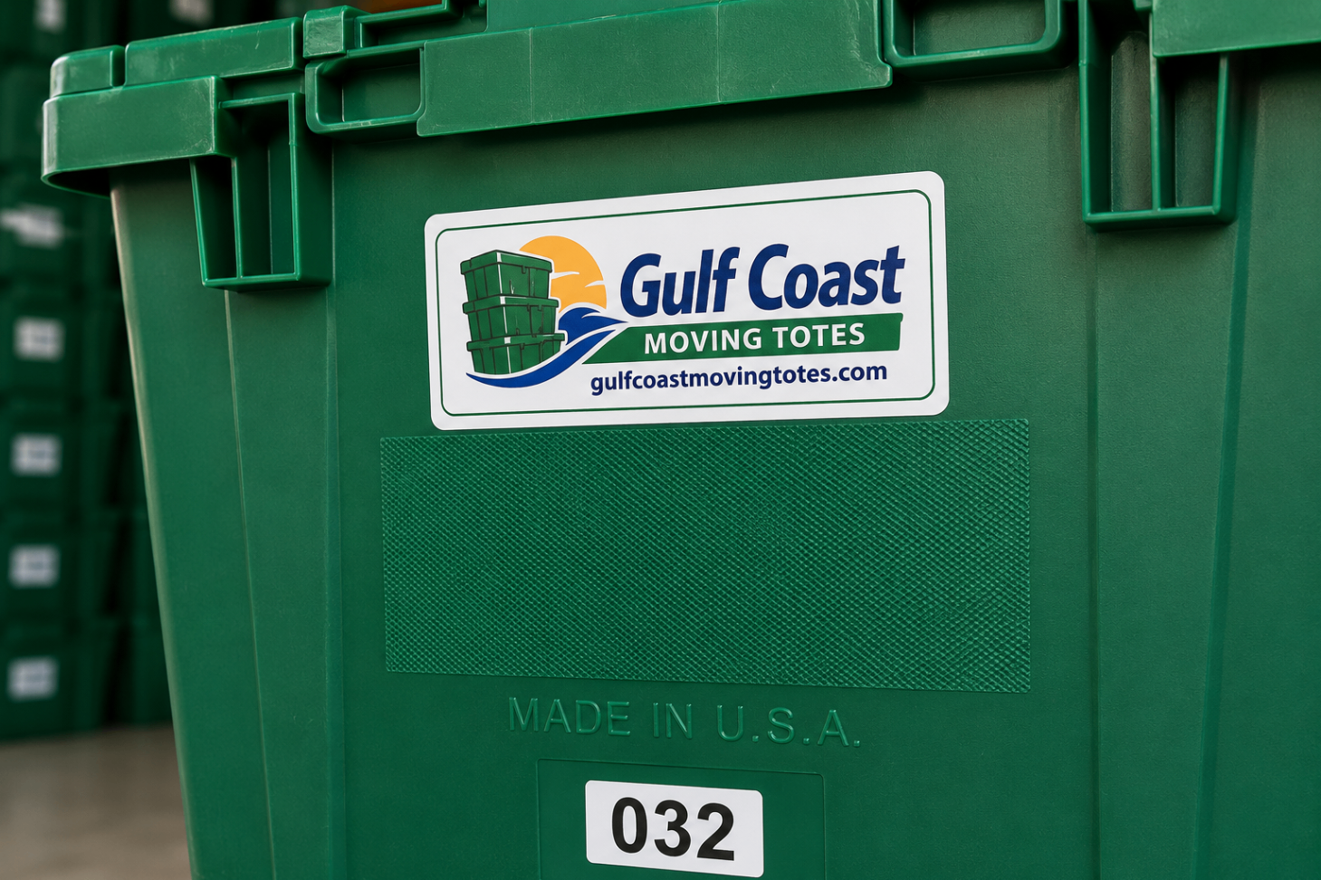 Gulf Coast Moving Totes logo and Made in U.S.A. marking