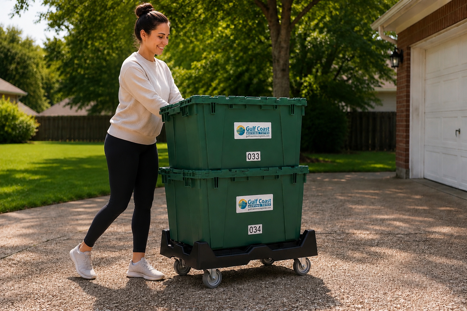 Customer wheeling two stacked Gulf Coast Moving Totes on a dolly up a driveway