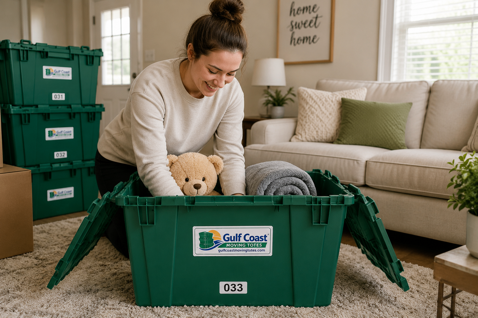 Customer packing a moving tote at home