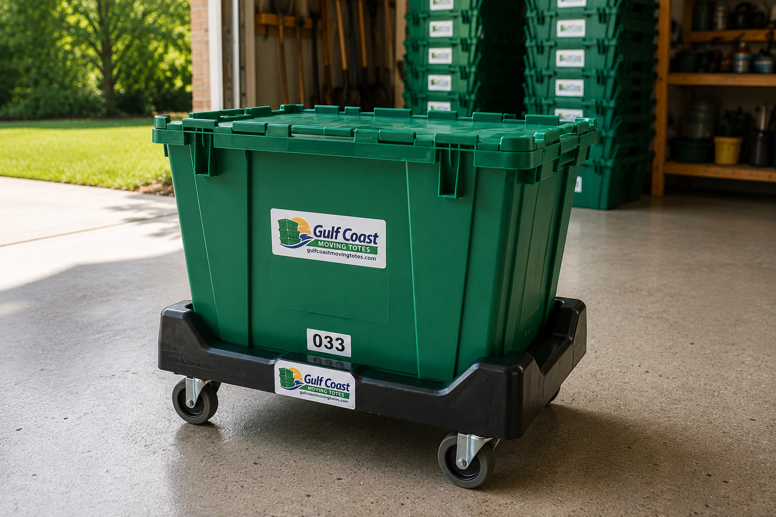 Numbered green moving tote on a heavy-duty dolly