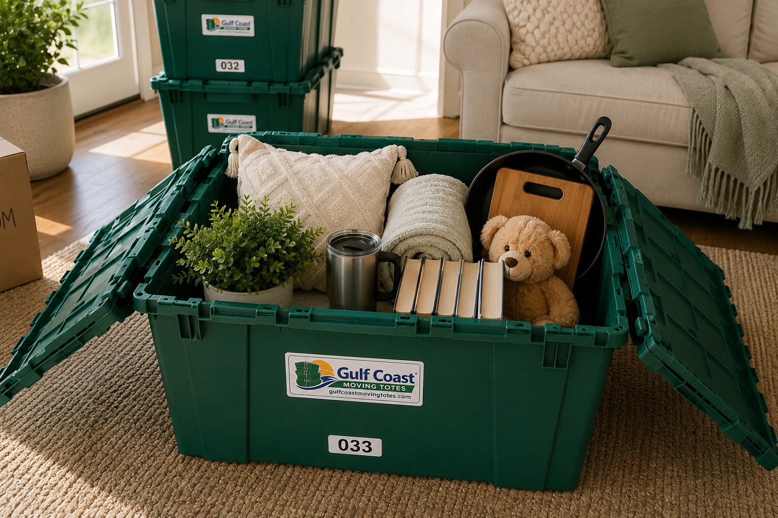 Moving tote packed with household essentials